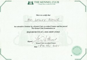 Lesley Naylor Kennel Club Accreditation for Requirements of a Dog Show Judge